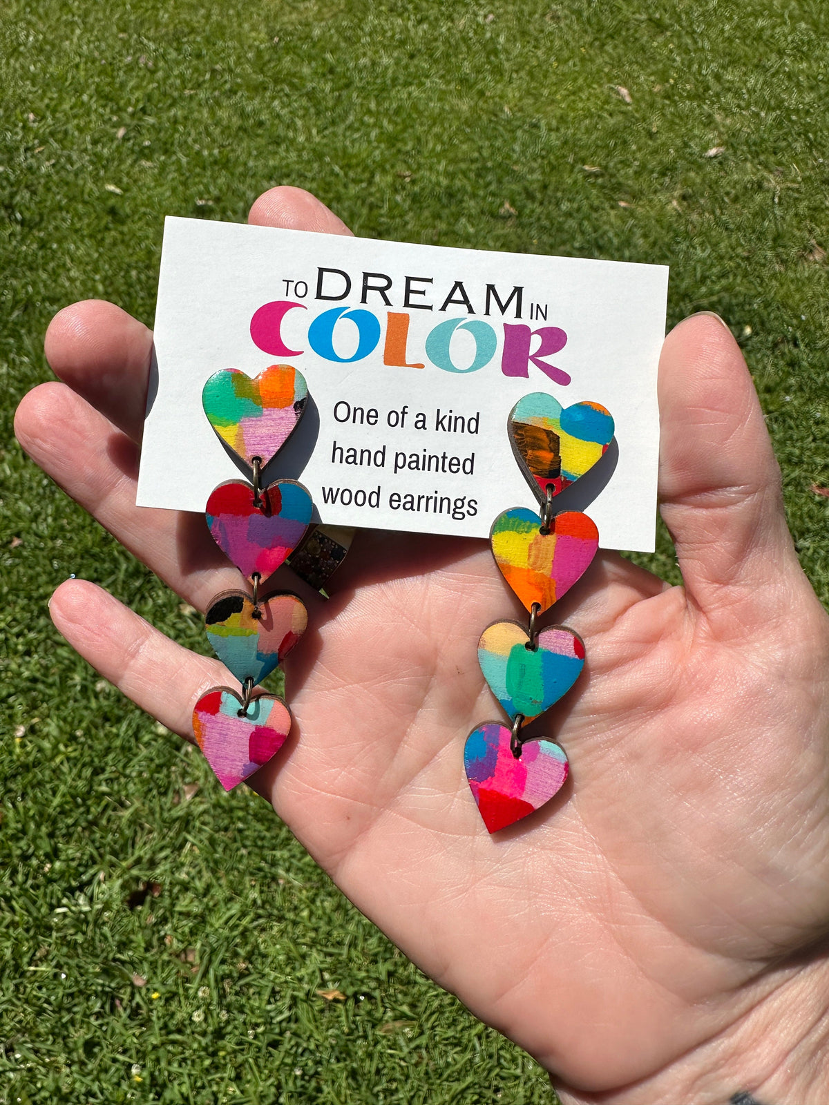 Hand-Painted Heart Dangle Earrings: Bold Laser Cut Wood
