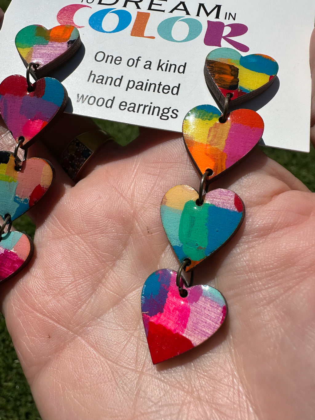 Hand-Painted Heart Dangle Earrings: Bold Laser Cut Wood