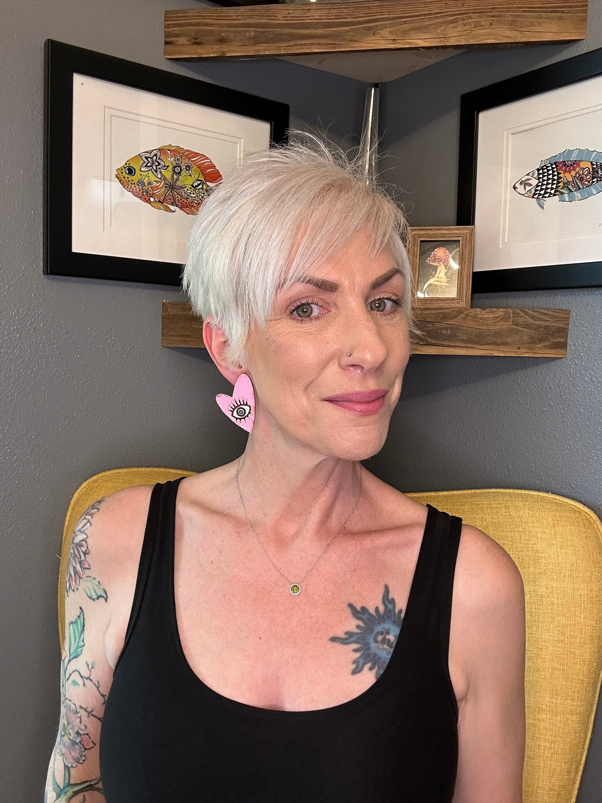 Handmade Wood Heart Earrings: Pink Evil Eye Statement Jewelry