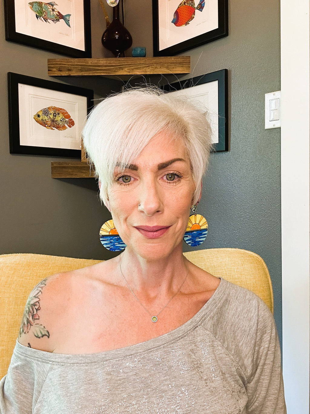 Hand-Painted Sun and Ocean Wood Earrings: Lightweight Hypoallergenic Hooks