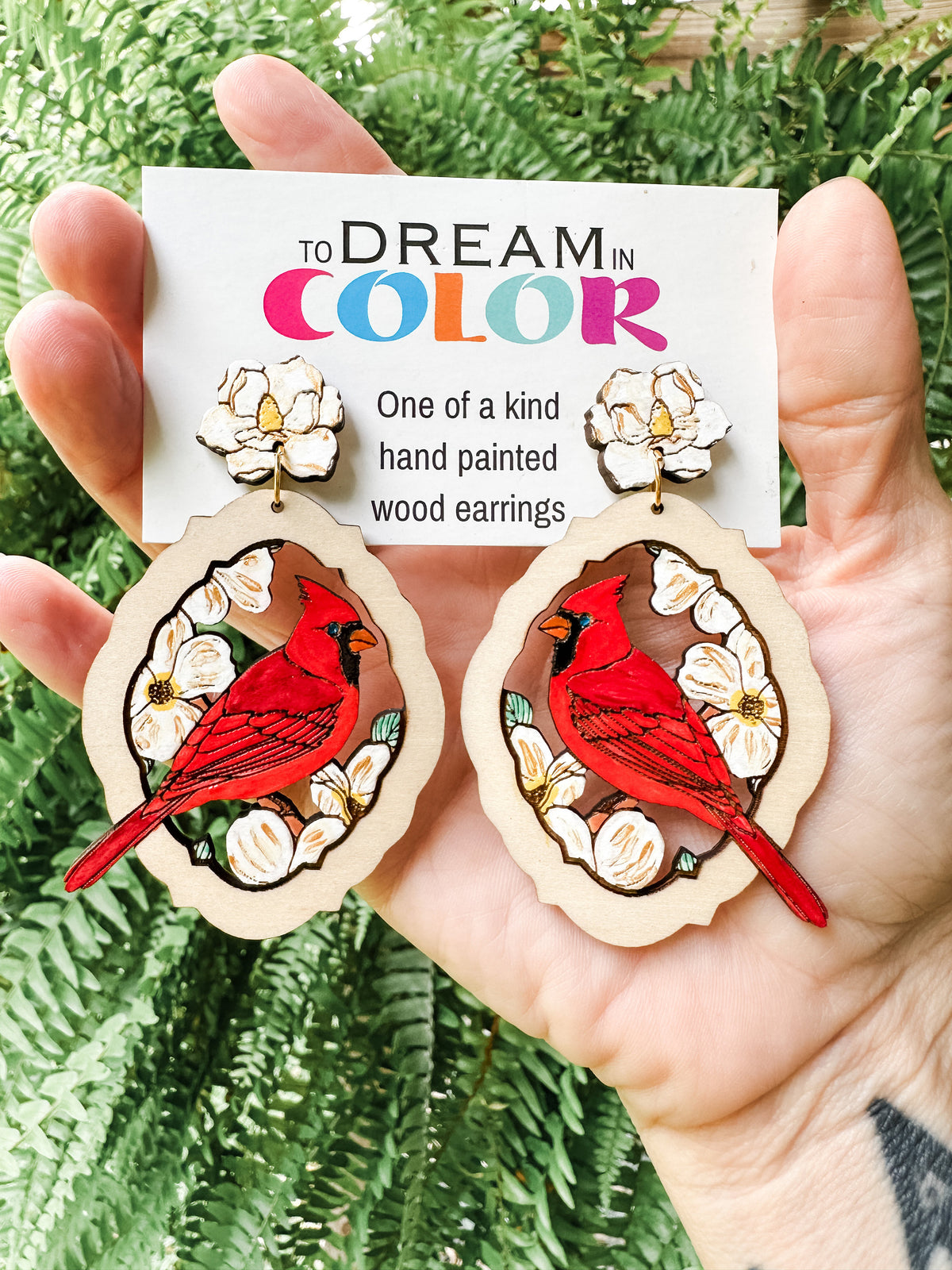 Hand-Painted Cardinal Earrings: Magnolia Wood Statement Jewelry