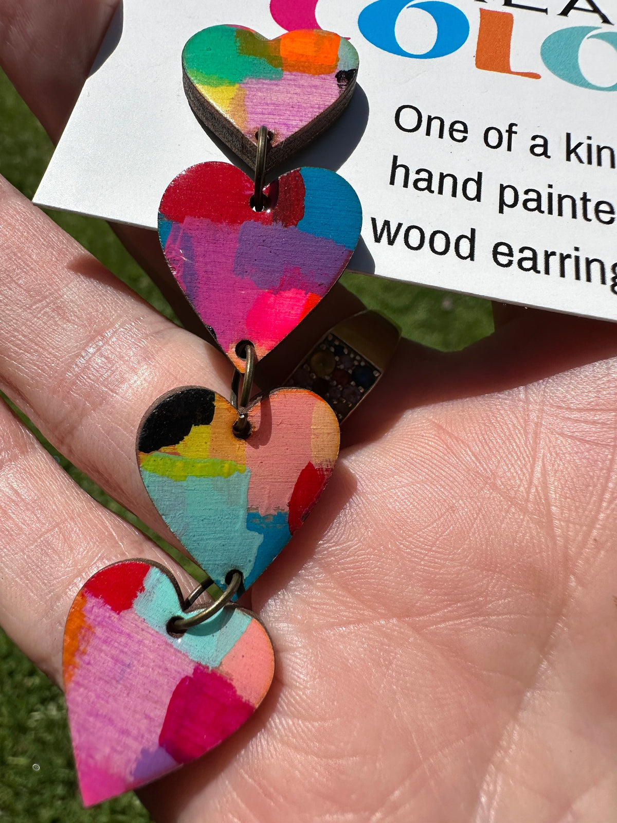 Hand-Painted Heart Dangle Earrings: Bold Laser Cut Wood