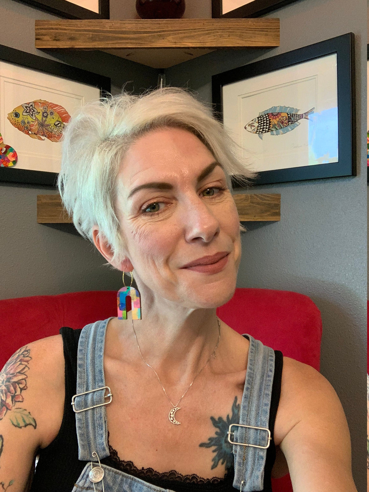 Hand Painted Wood Arch Earrings: Multicolored Mini Dangle Earrings