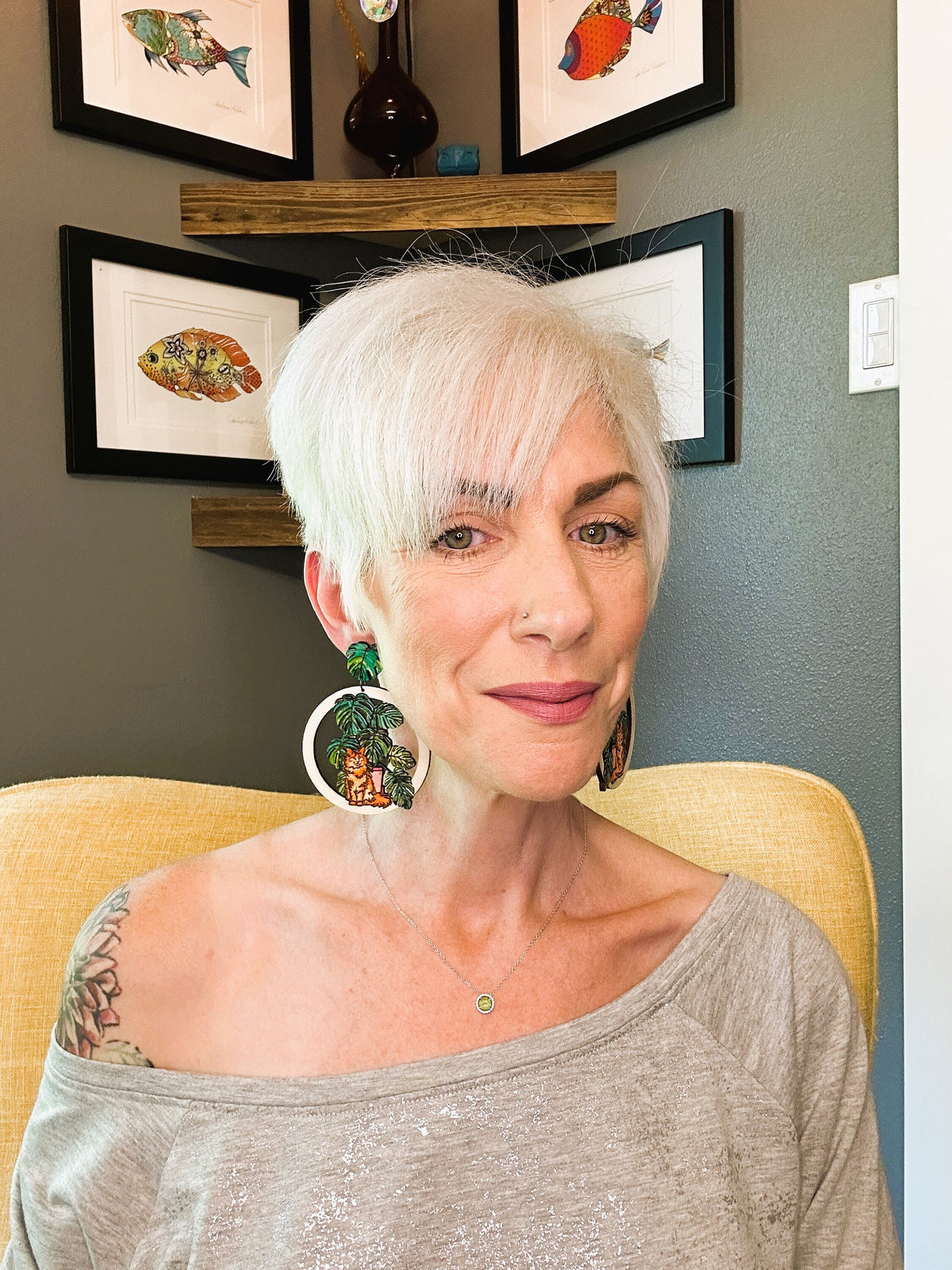 Hand-Painted Orange Cat Earrings: Tropical Monstera Wood Dangles