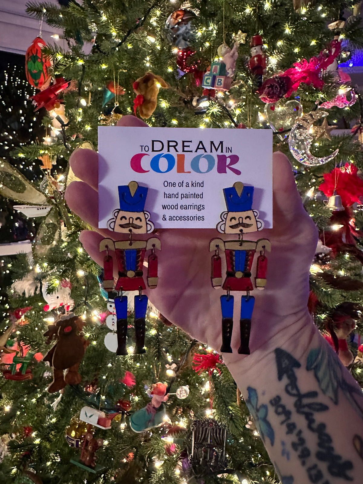 Hand-Painted Nutcracker Earrings: Wood Holiday Dangle Jewelry