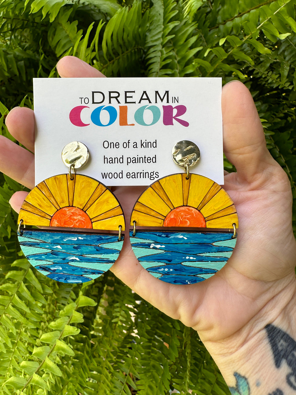 Hand-Painted Sun and Ocean Wood Earrings: Lightweight Hypoallergenic Hooks