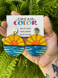Hand-Painted Sun and Ocean Wood Earrings: Lightweight Hypoallergenic Hooks