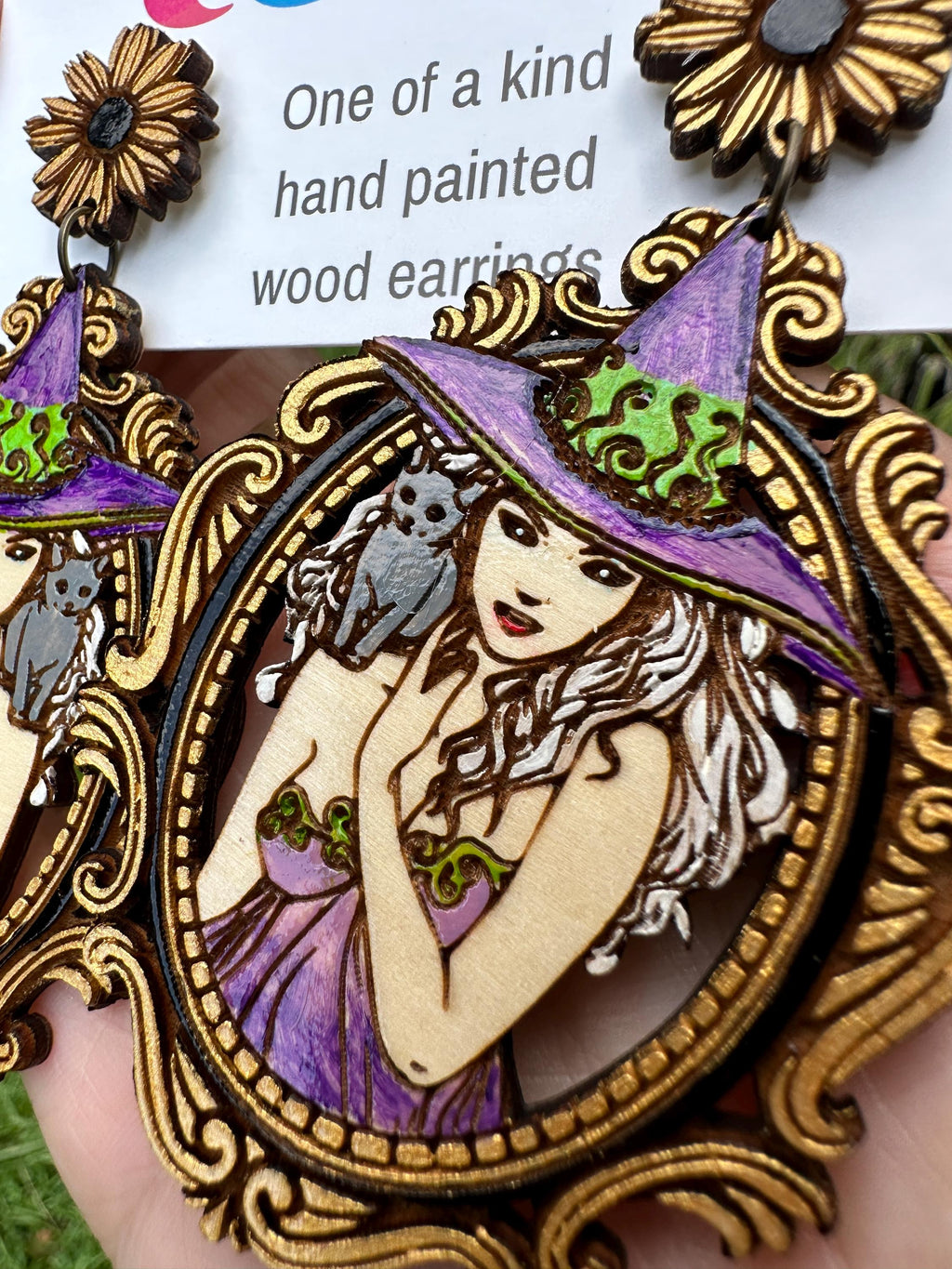 Hand-Painted Witch Earrings – Gothic Wood Statement Jewelry with Cat Familiar