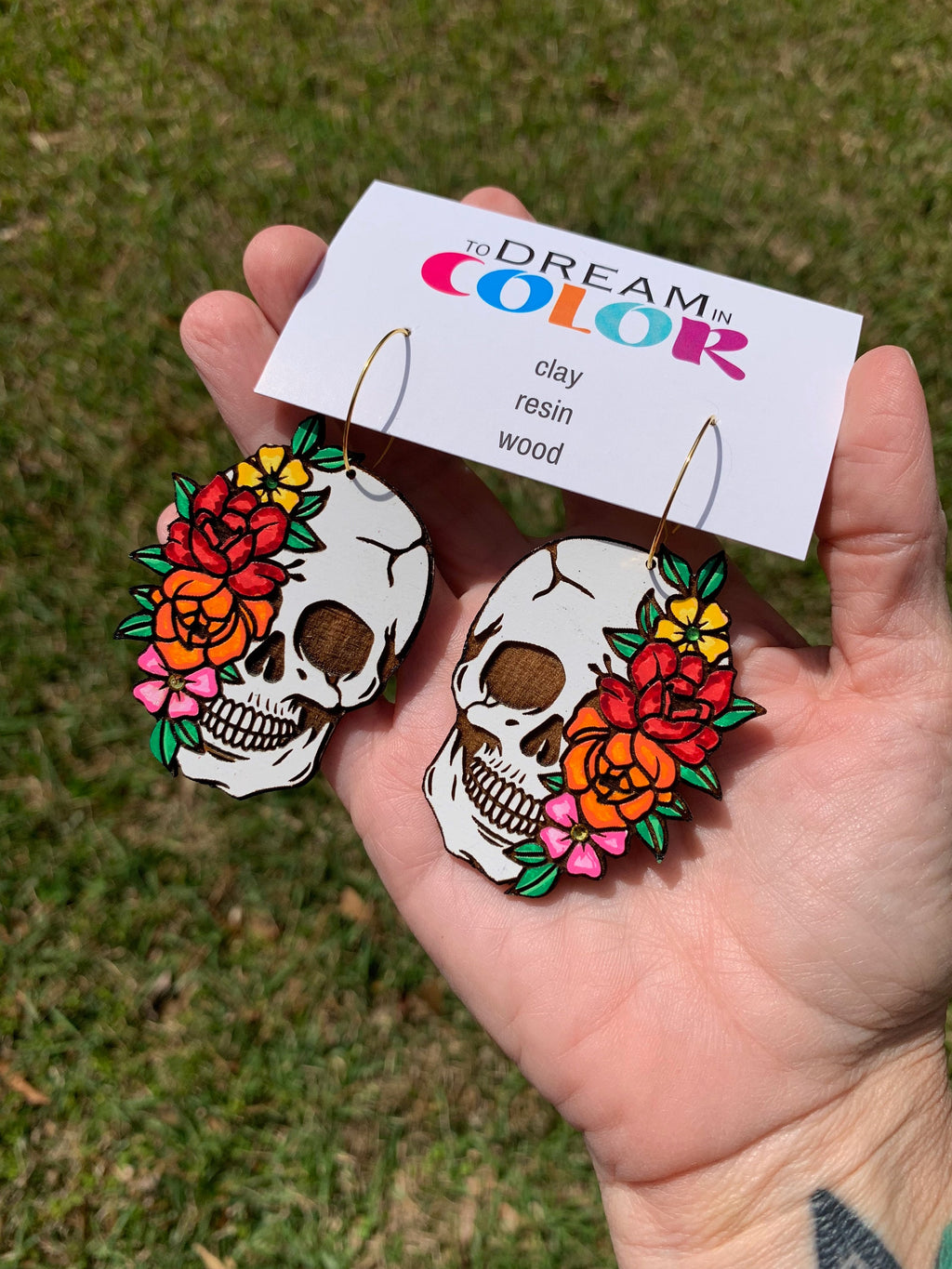 Floral Skull Earrings: Hand-Painted Wood Statement Jewelry