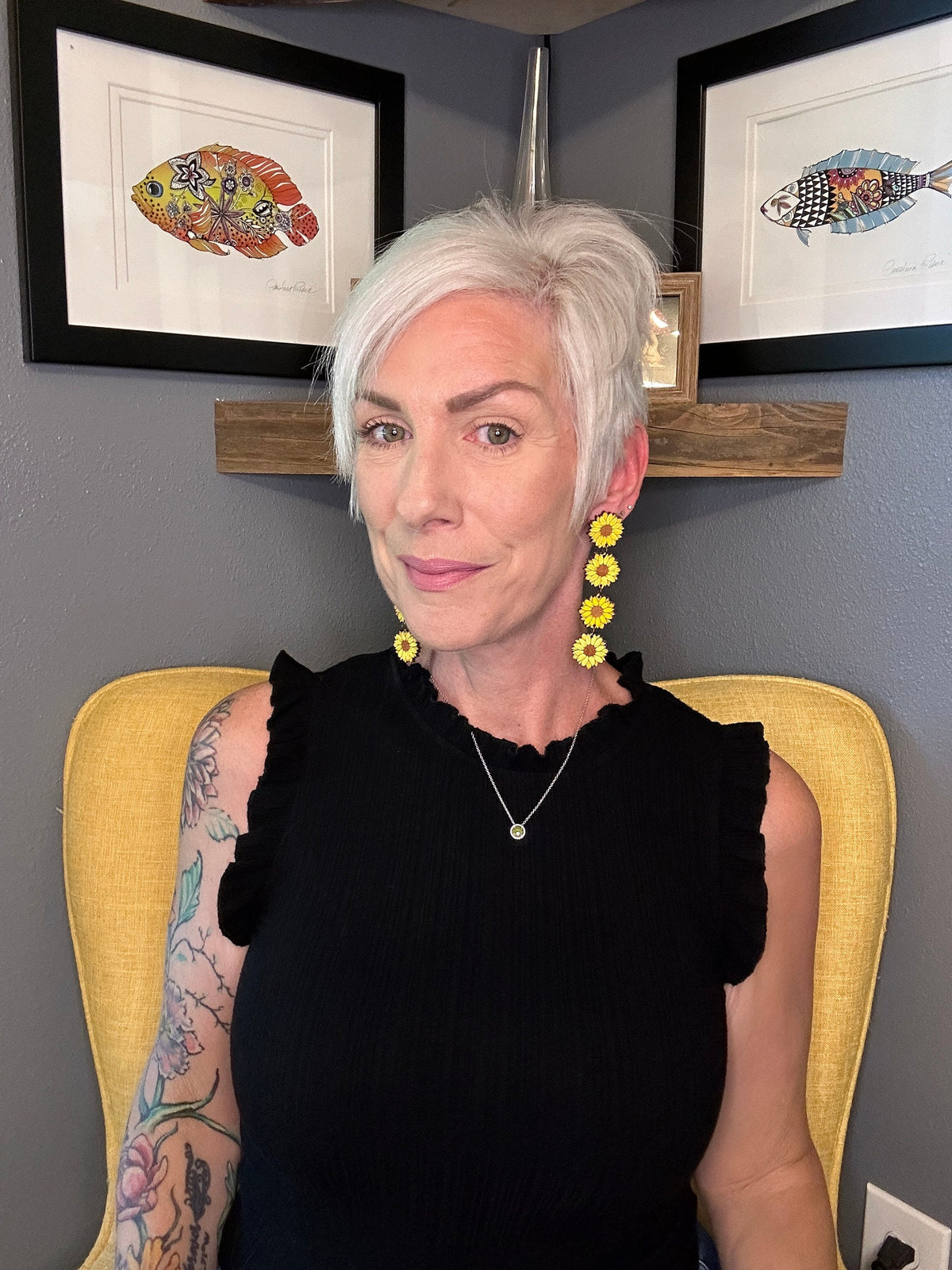 Sunflower Statement Earrings – Long Lightweight Hand Painted Wood Earrings – Clip-On Option – Summer Floral Jewelry