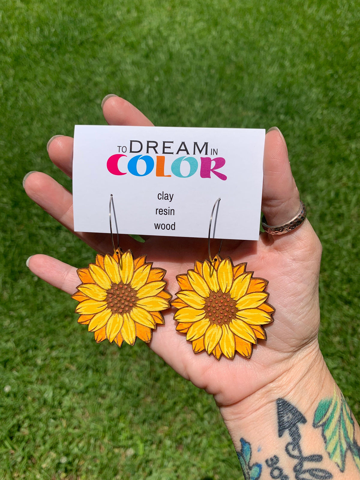 Sunflower Earrings – Hand Painted Wood Statement Jewelry – Big Bold Lightweight Colorful Earrings