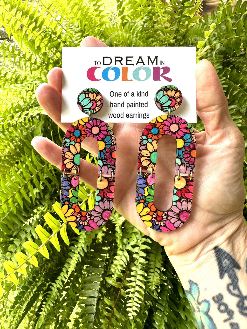 Hand-Painted Flower Hoop Earrings: Bold Maple Wood Jewelry