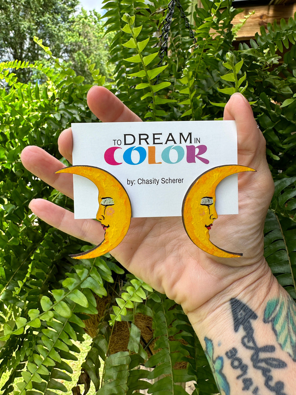 Handmade Crescent Moon Dangle Earrings: Painted Wood Statement Jewelry