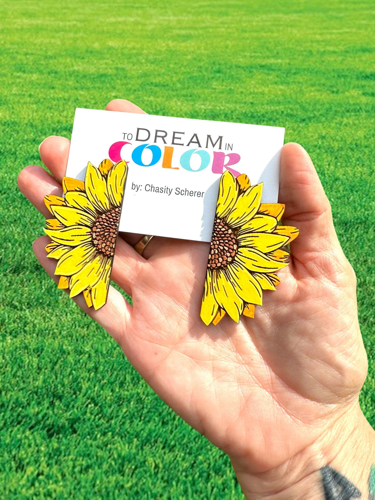 Sunflower Earrings – Hand Painted Lightweight Wood Statement Jewelry – Bright Bold