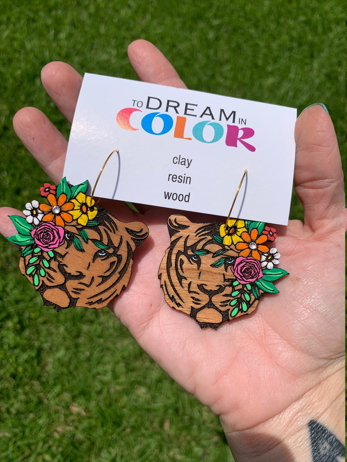 Handmade Tiger Earrings: Floral Wood Dangle Earrings