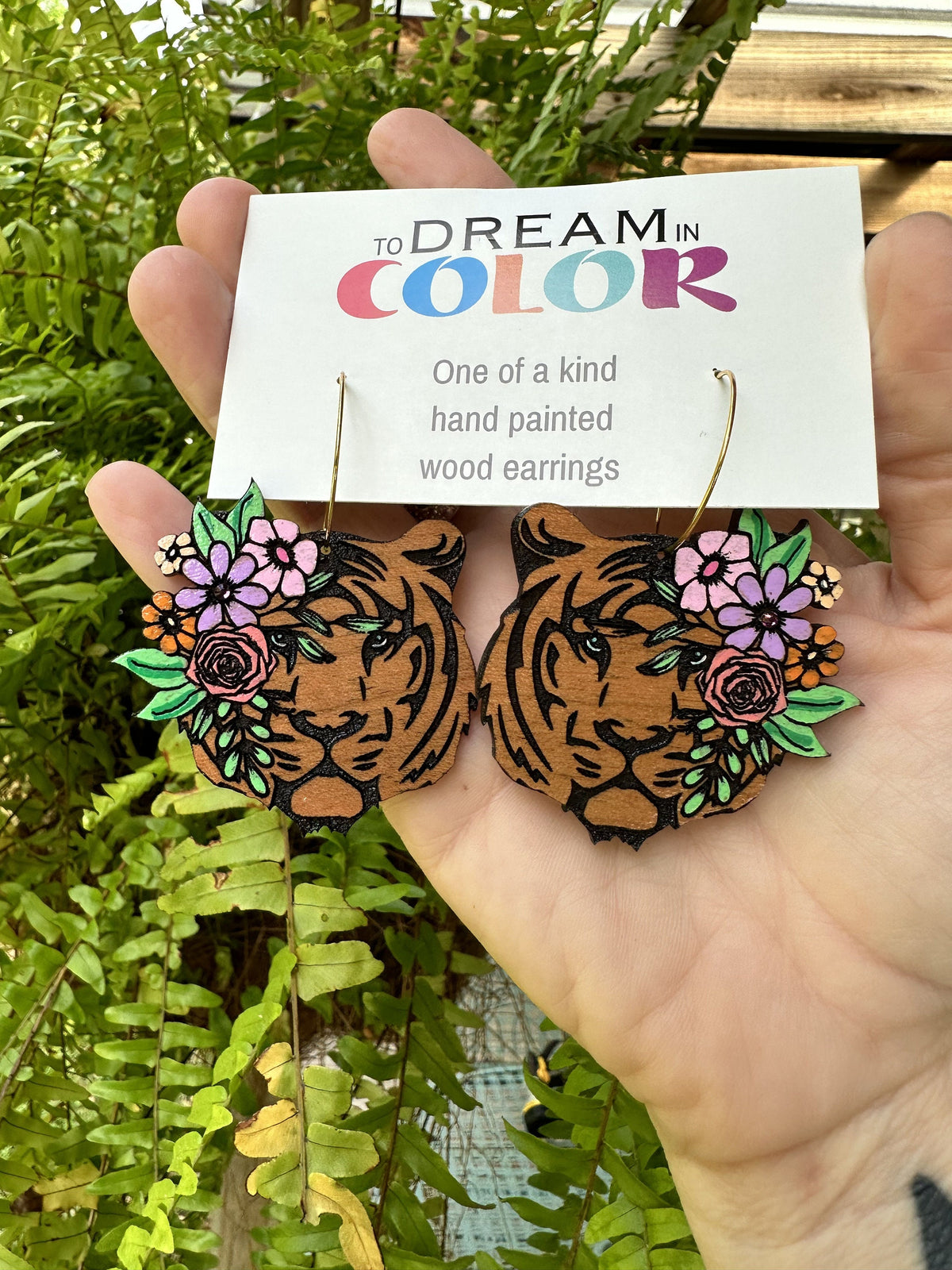 Handmade Tiger Earrings: Floral Wood Dangle Earrings