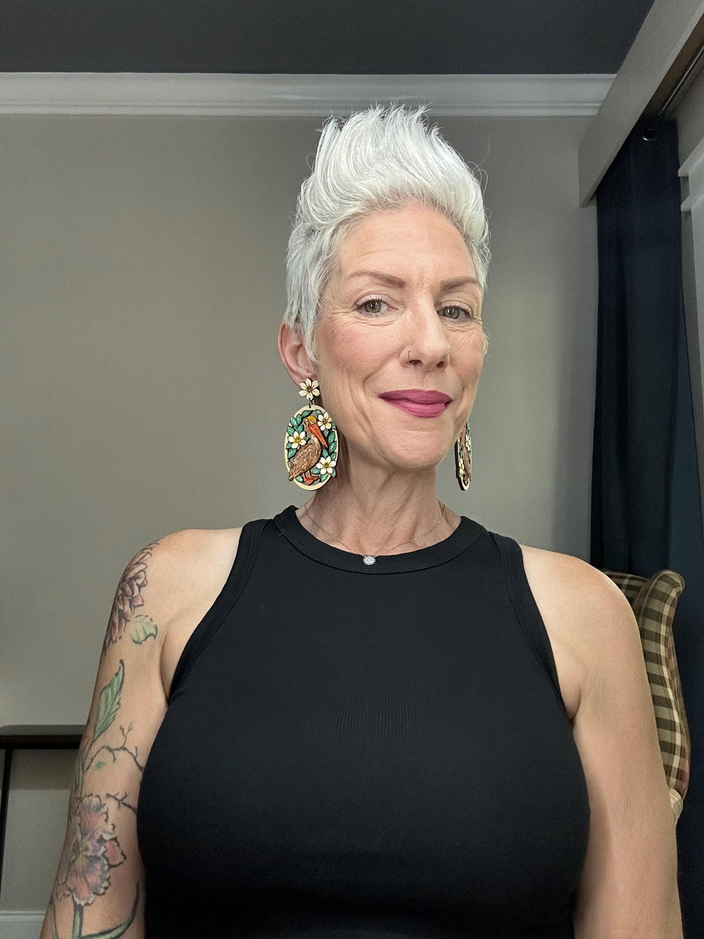 Hand-Painted Pelican Earrings: Floral Bayou Art Jewelry, Lightweight Wood