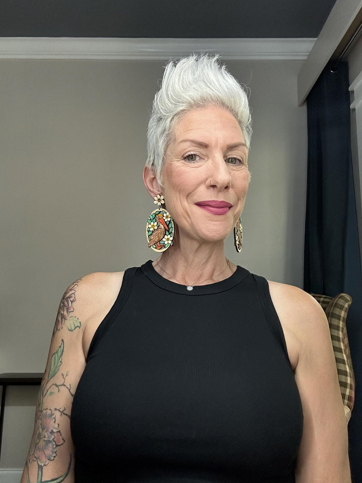 Hand-Painted Pelican Earrings: Floral Bayou Art Jewelry, Lightweight Wood