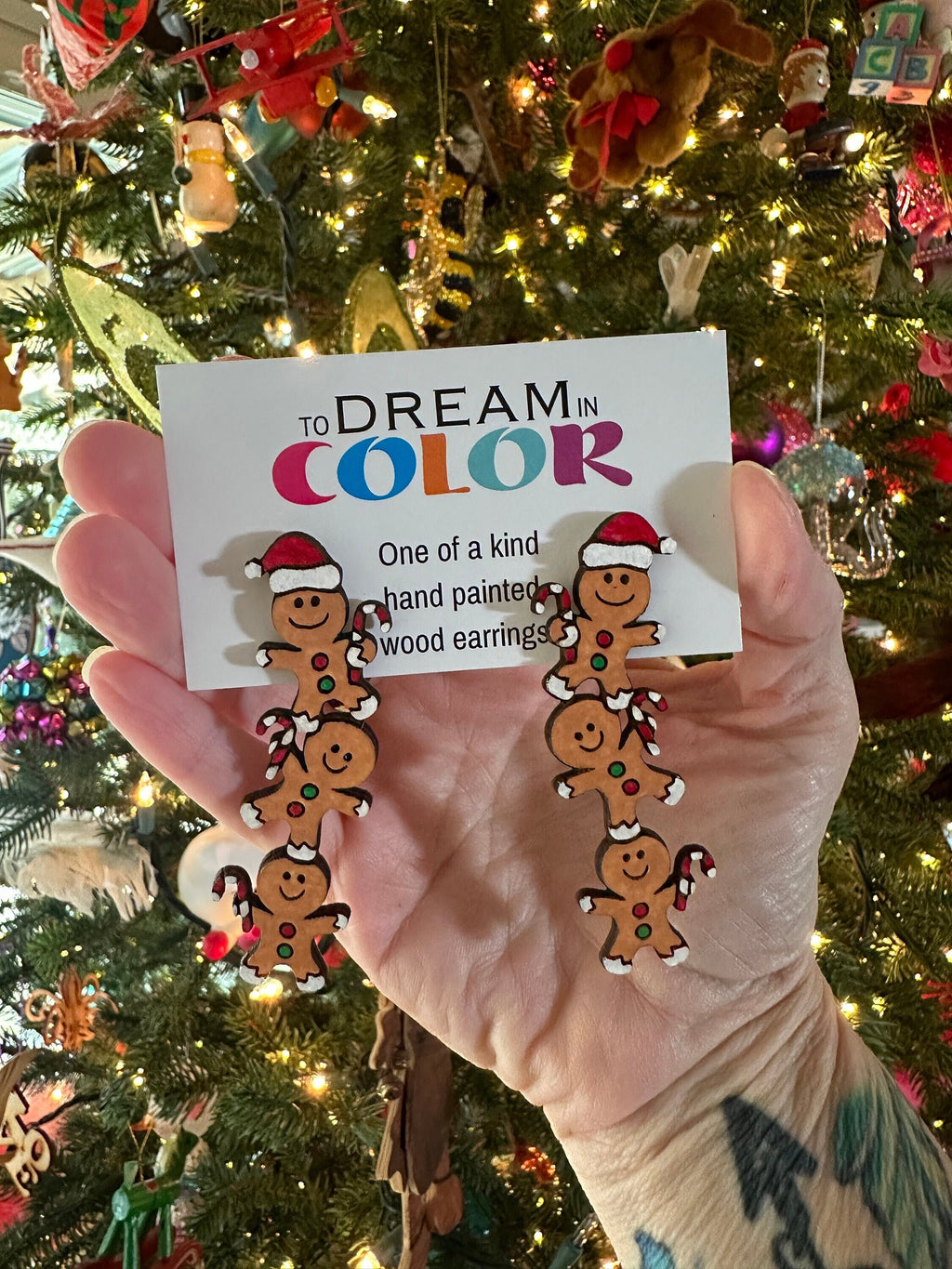 Hand-Painted Gingerbread Man Earrings: Christmas Wood Statement Jewelry