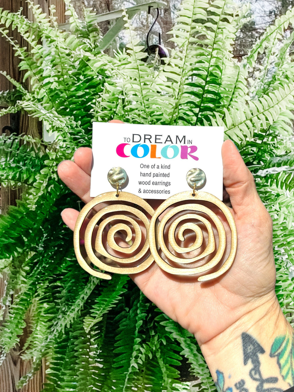 Hand-Painted Wood Spiral Earrings: Lightweight Resin-Shine Statement Jewelry