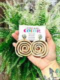 Hand-Painted Wood Spiral Earrings: Lightweight Resin-Shine Statement Jewelry