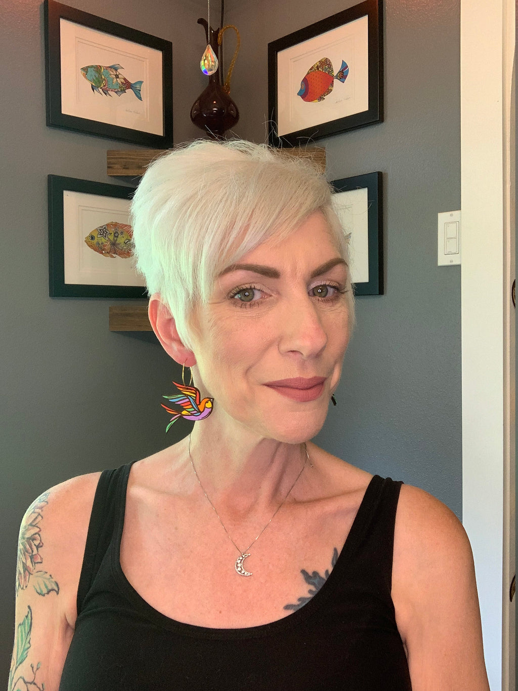 Hand-Painted Sparrow Earrings: Bold Wood Dangle Earrings