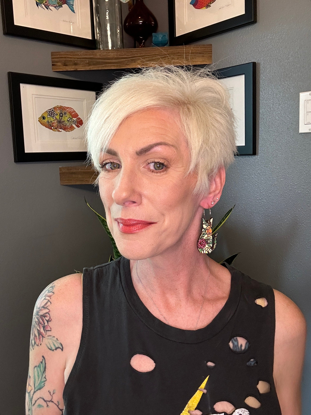 Floral Cat Earrings: Hand-Painted Wood Statement Jewelry