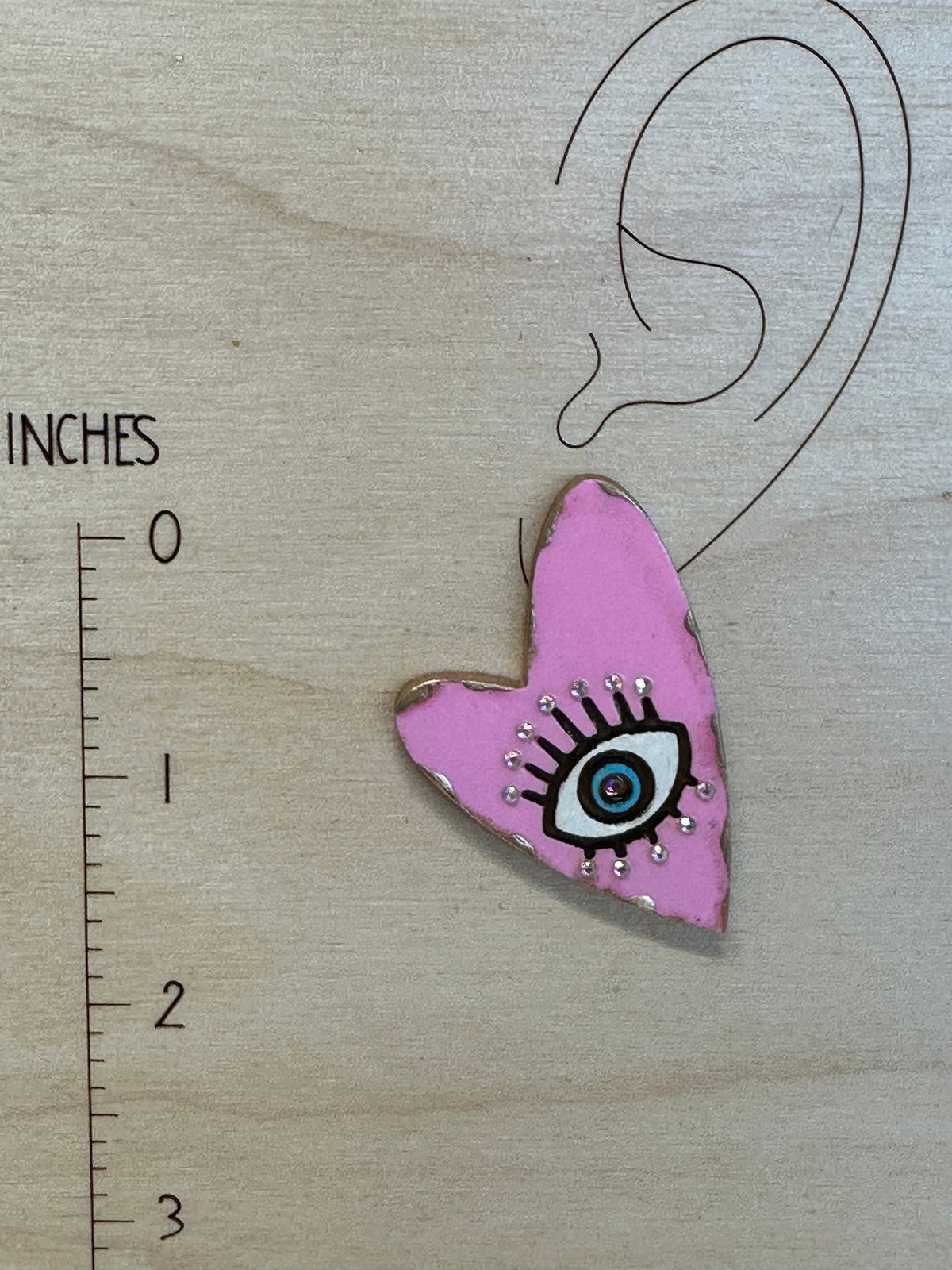 Handmade Wood Heart Earrings: Pink Evil Eye Statement Jewelry