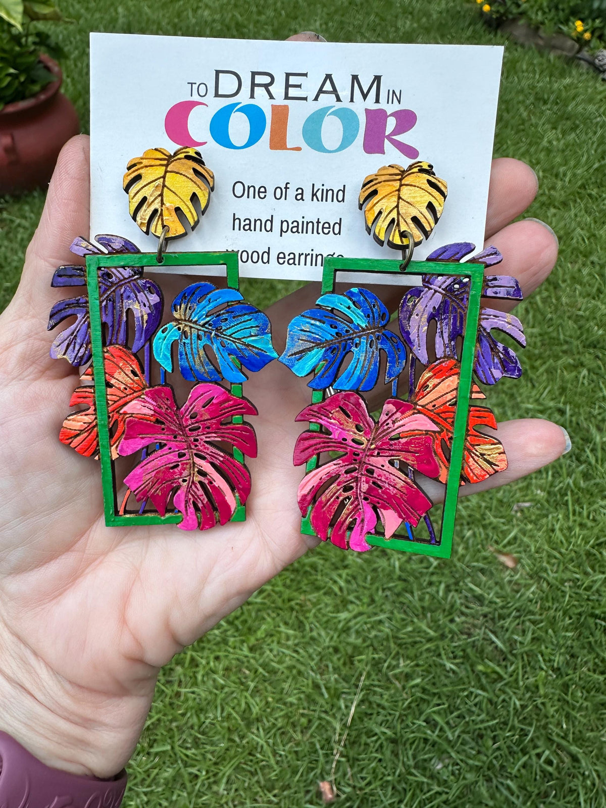 Rainbow Monstera Earrings: Hand-Painted Wood Tropical Statement Jewelry