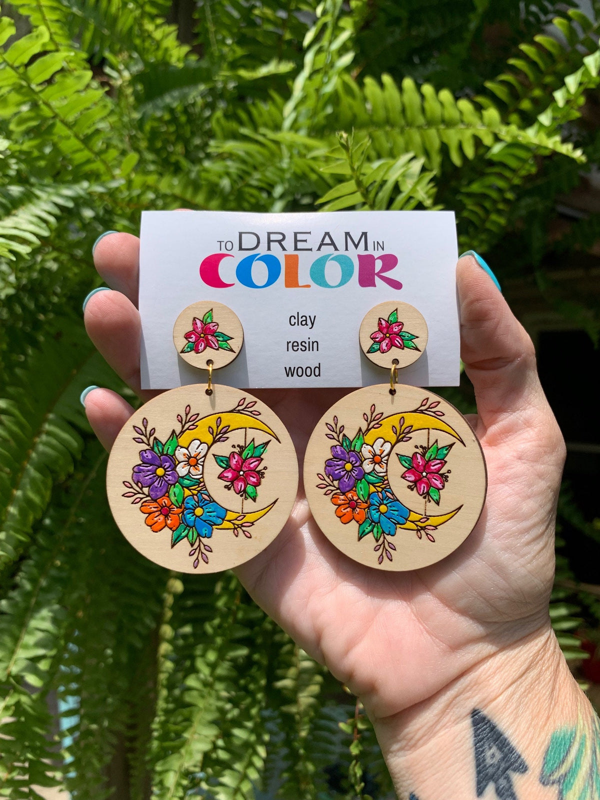 Hand-Painted Crescent Moon Earrings: Floral Wooden Boho Jewelry
