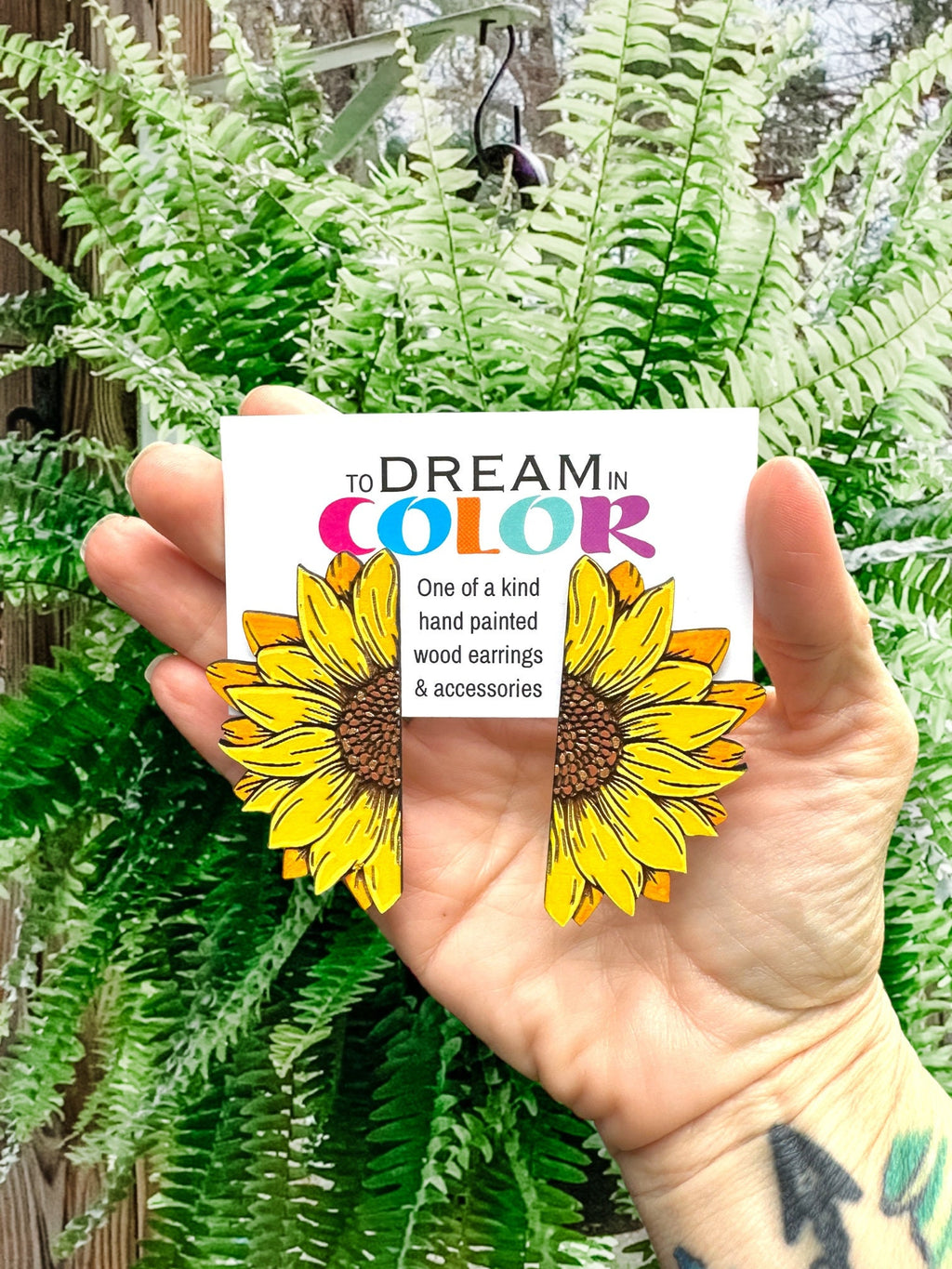 Sunflower Earrings – Hand Painted Lightweight Wood Statement Jewelry – Bright Bold
