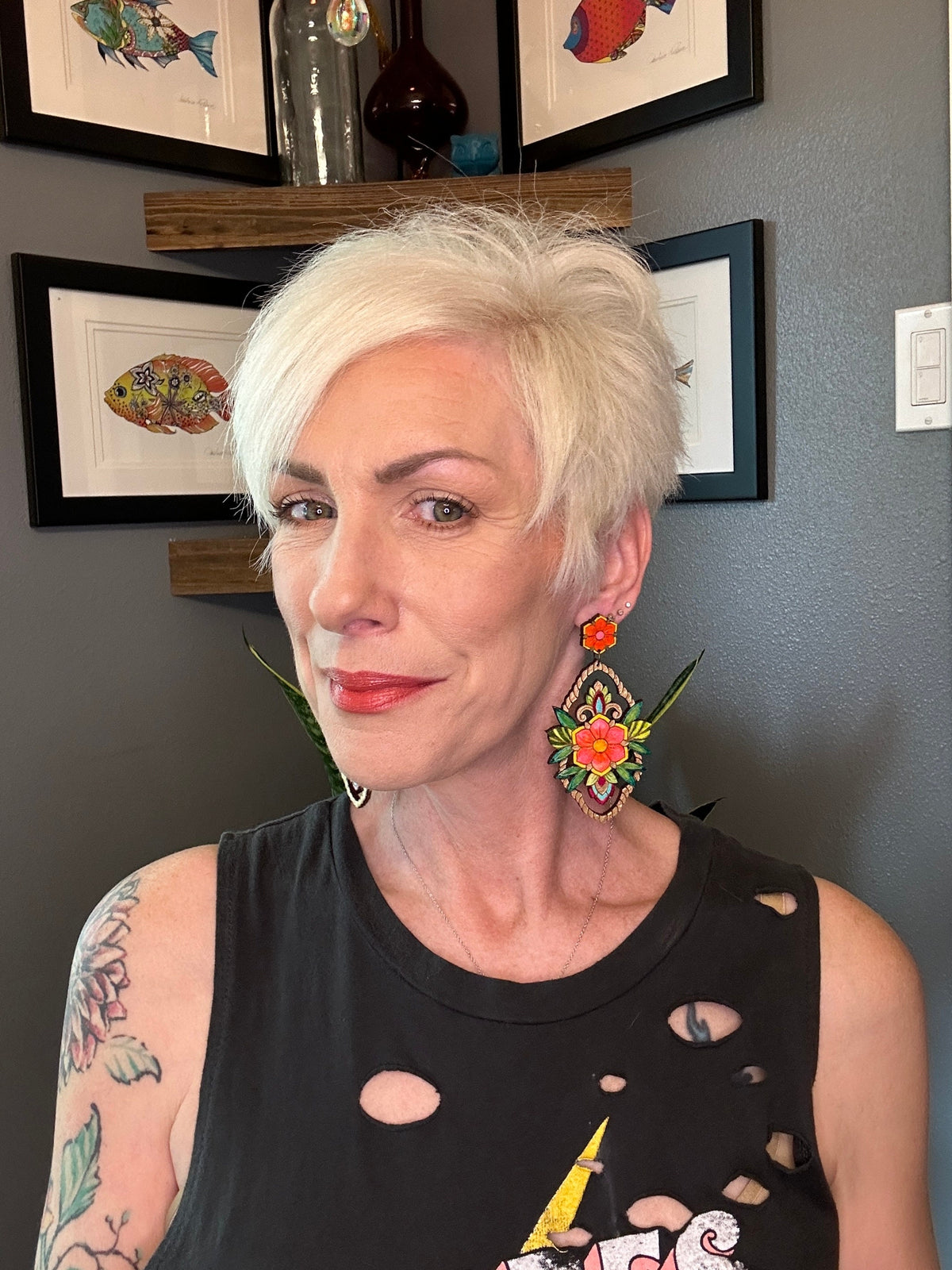 Handmade Colorful Flower Earrings: Lightweight Wood Medallion