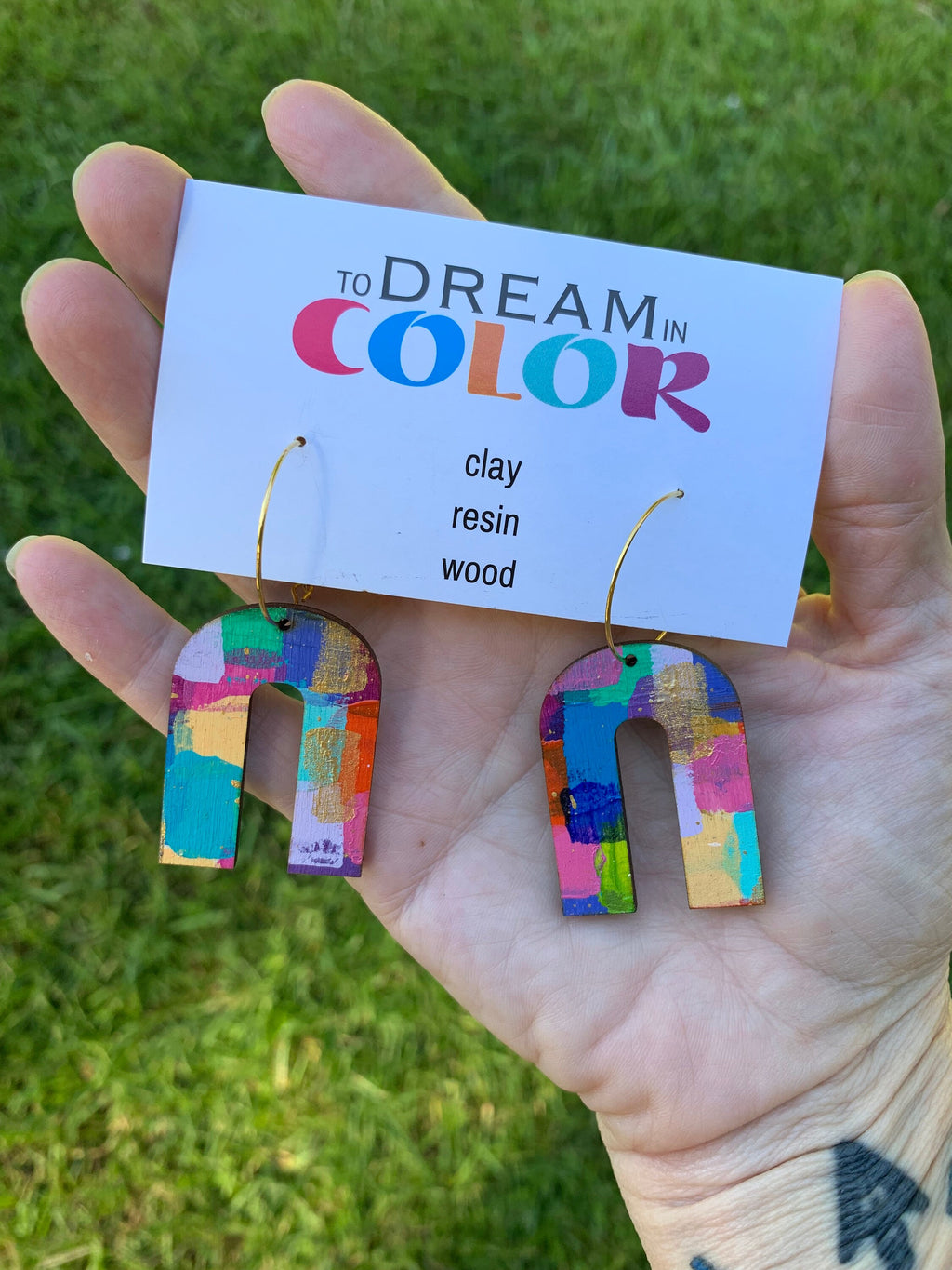 Hand Painted Wood Arch Earrings: Multicolored Mini Dangle Earrings