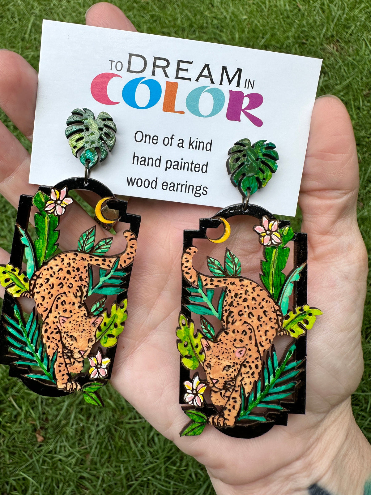 Leopard Jungle Earrings – Hand Painted Wood Statement Jewelry – Lightweight Colorful Earrings - Nature Lover Gift