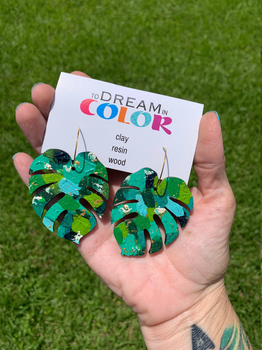 Hand-Painted Monstera Leaf Earrings: Tropical Wood Statement Jewelry