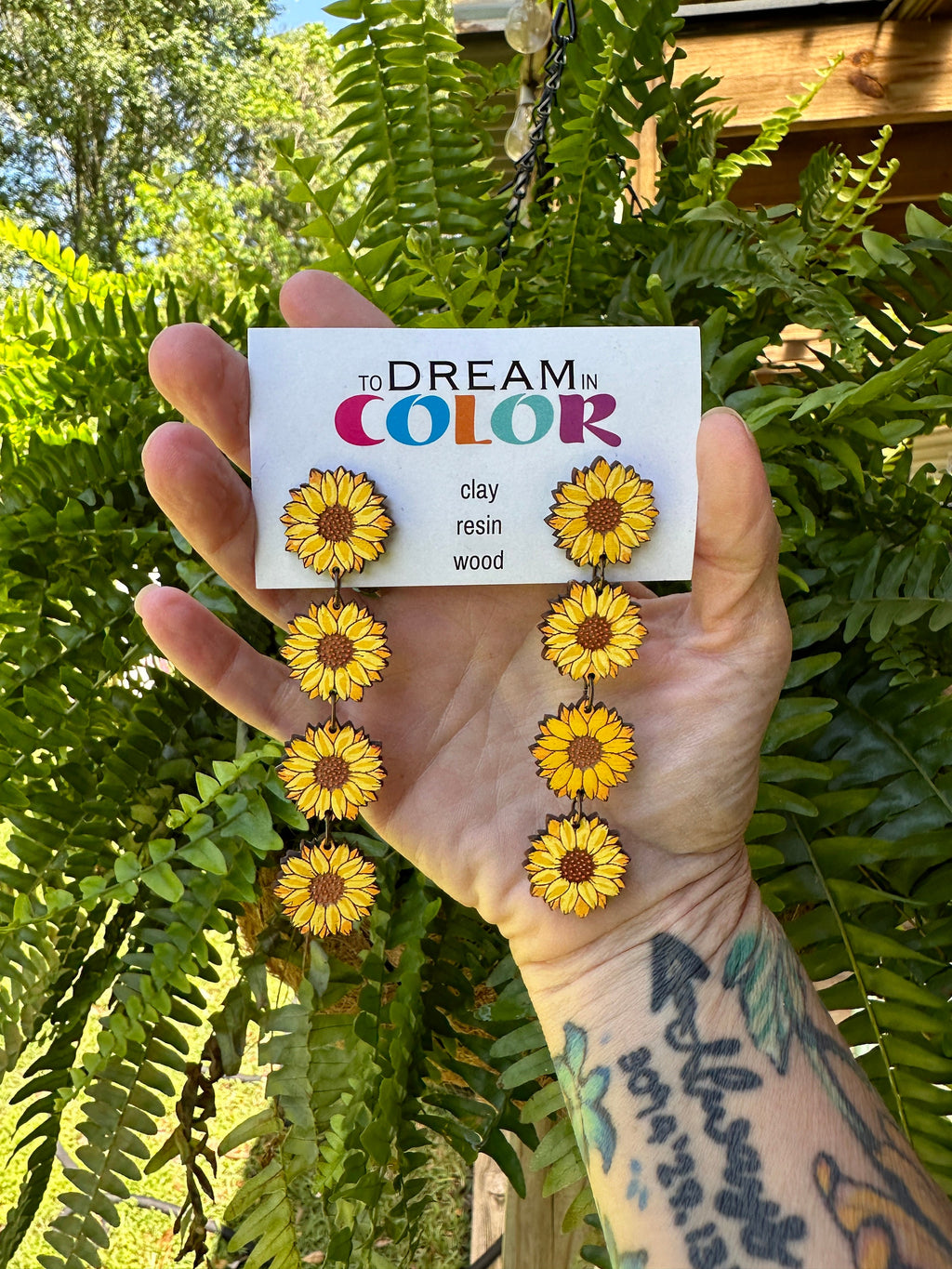 Sunflower Statement Earrings – Long Lightweight Hand Painted Wood Earrings – Clip-On Option – Summer Floral Jewelry