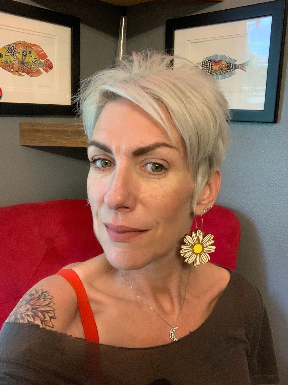 Daisy Hoop Earrings: Hand-Painted Laser Cut Wood, Hypoallergenic