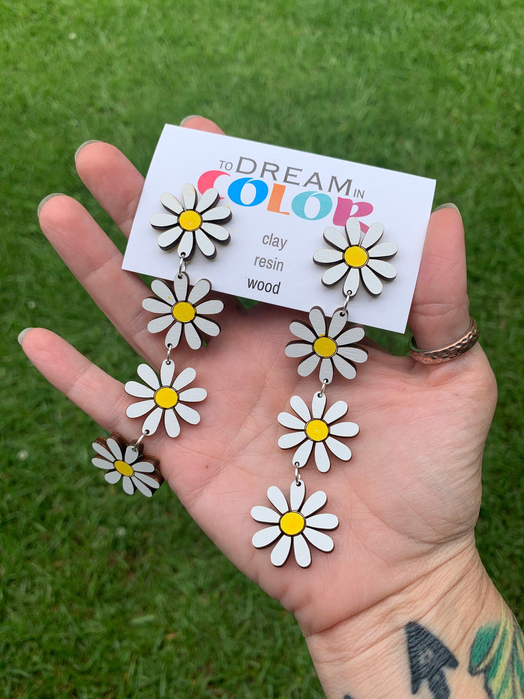 Daisy Flower Wood Earrings: Handpainted Laser Cut Dangle Earrings