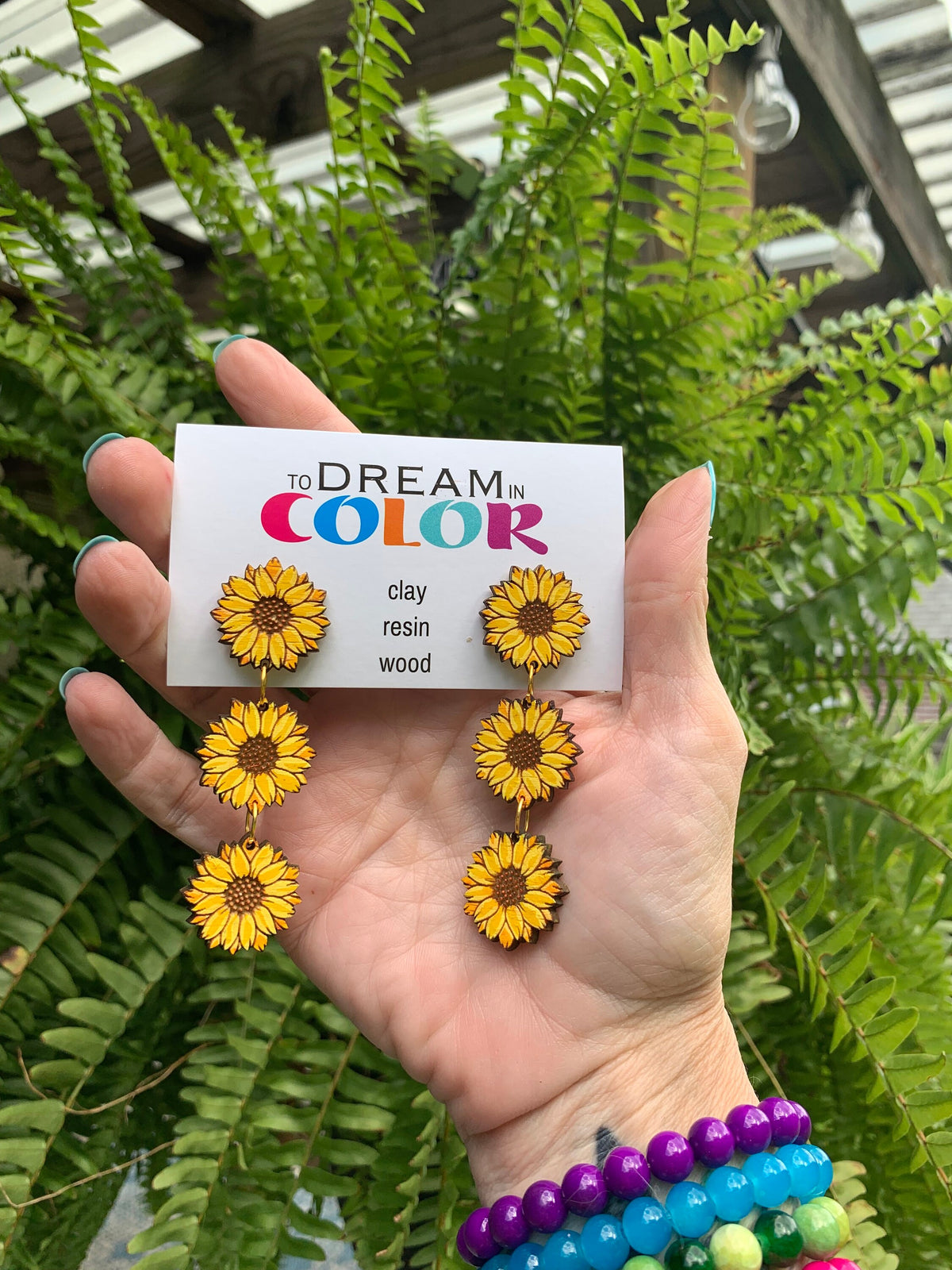 Sunflower Statement Earrings – Long Lightweight Hand Painted Wood Earrings – Clip-On Option – Summer Floral Jewelry