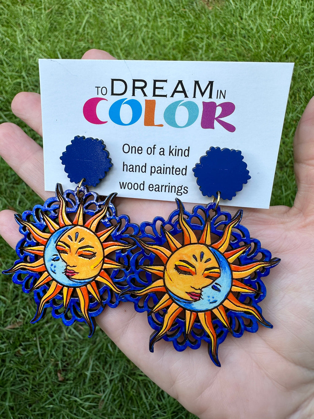 Hand-Painted Sun and Moon Earrings: Celestial Wood Statement Jewelry