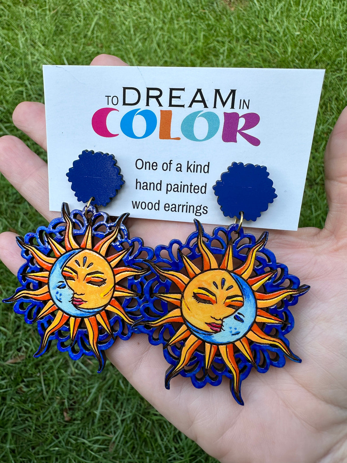 Hand-Painted Sun and Moon Earrings: Celestial Wood Statement Jewelry