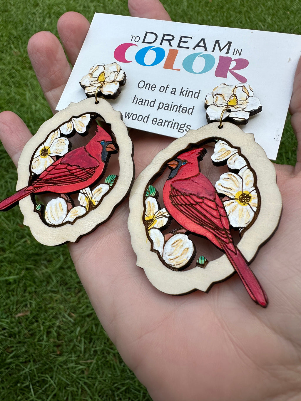 Hand-Painted Cardinal Earrings: Magnolia Wood Statement Jewelry