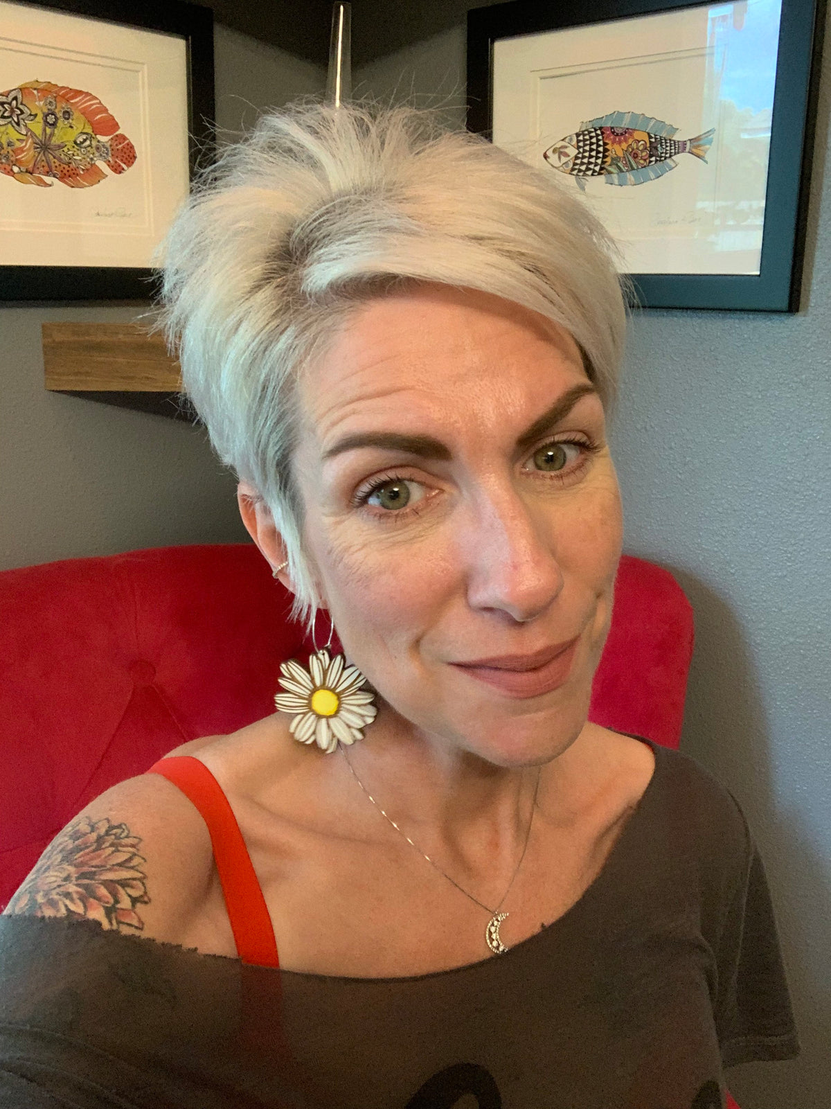 Daisy Hoop Earrings: Hand-Painted Laser Cut Wood, Hypoallergenic