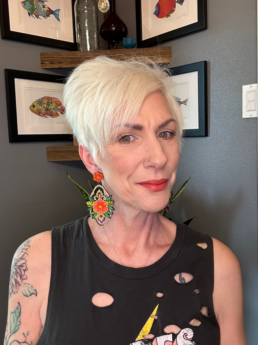 Handmade Colorful Flower Earrings: Lightweight Wood Medallion
