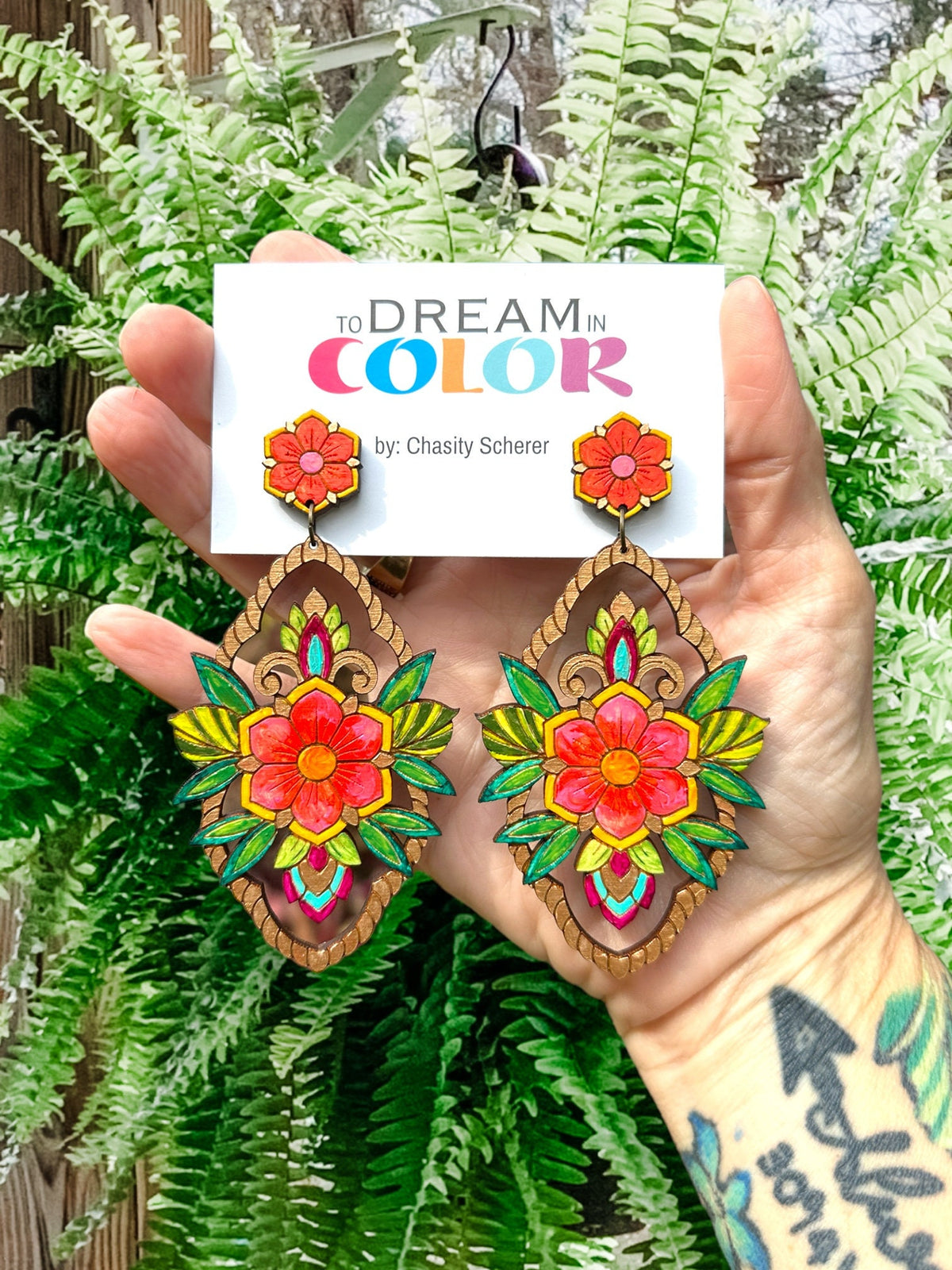 Handmade Colorful Flower Earrings: Lightweight Wood Medallion