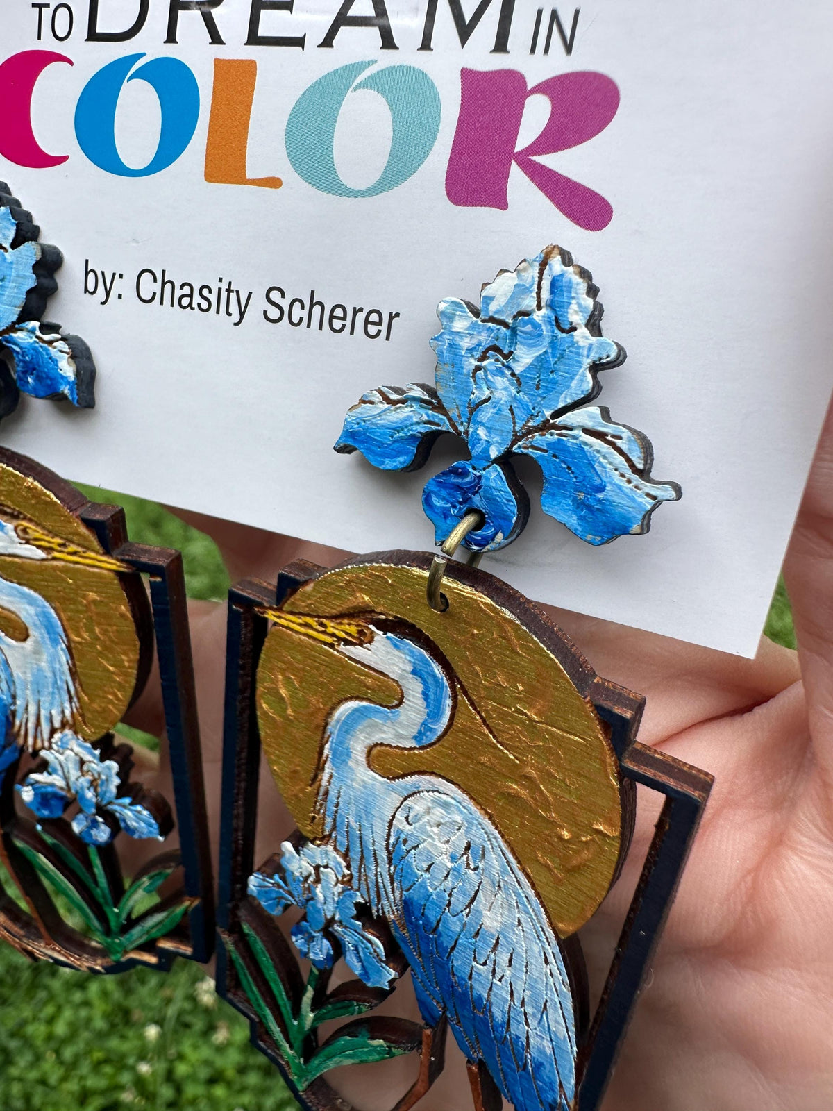 Hand-Painted Heron Earrings: Floral Bayou Art Jewelry, Lightweight Wood