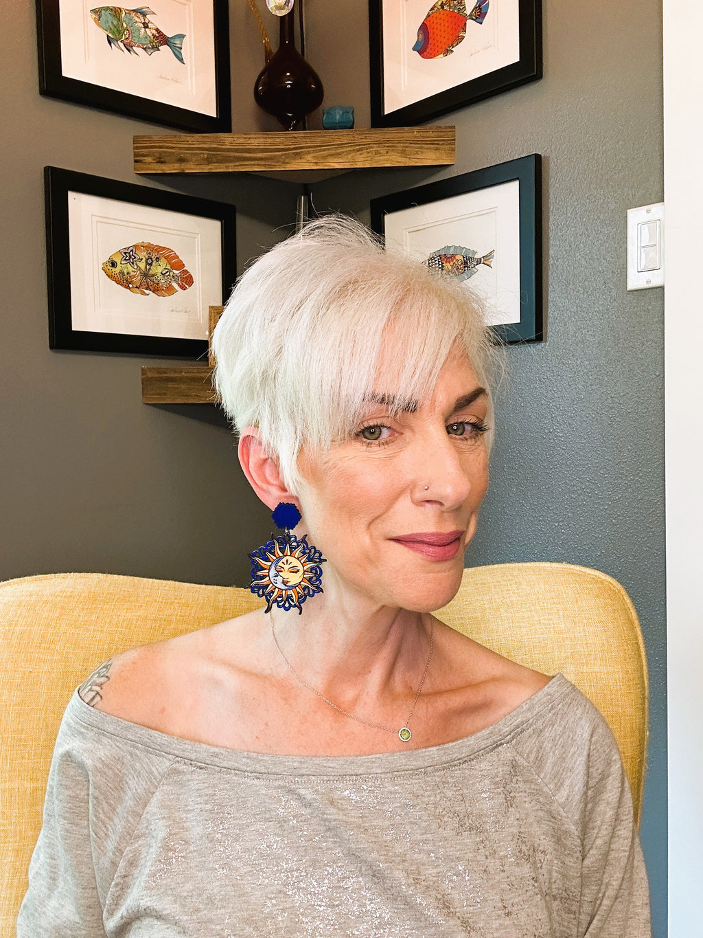 Hand-Painted Sun and Moon Earrings: Celestial Wood Statement Jewelry