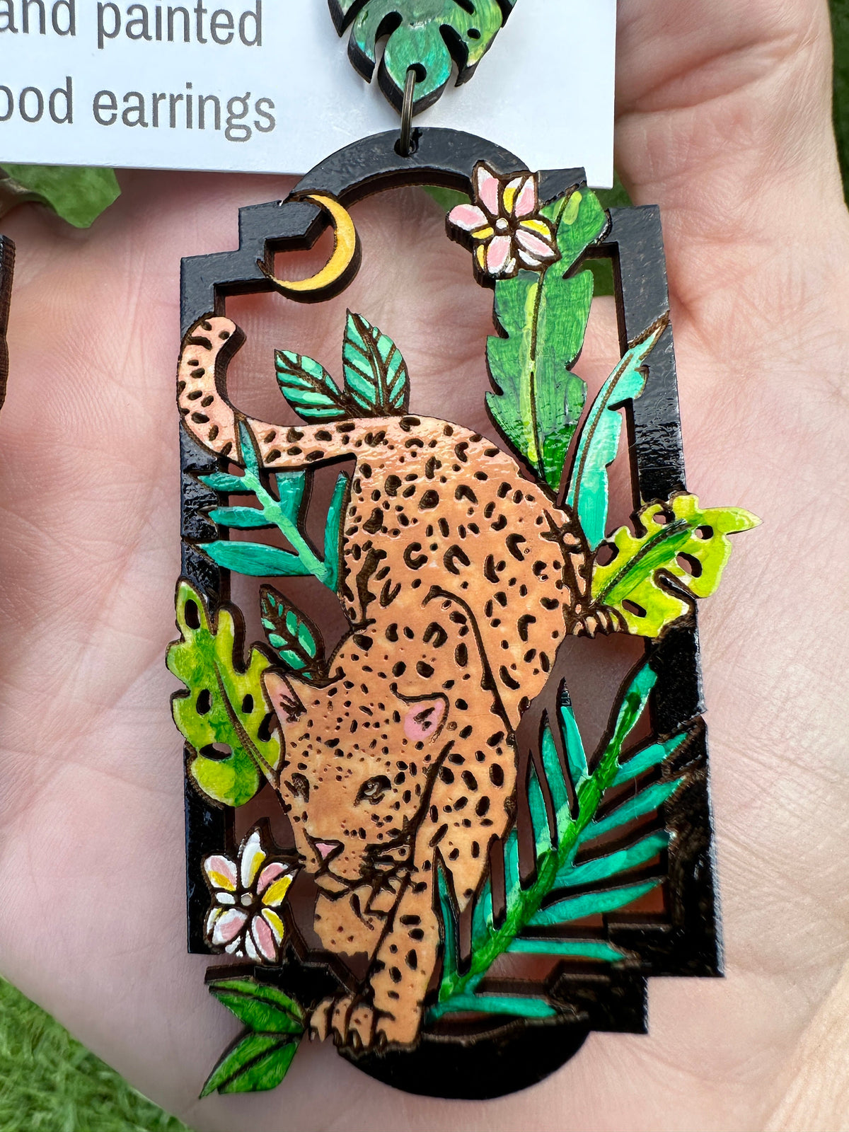 Leopard Jungle Earrings – Hand Painted Wood Statement Jewelry – Lightweight Colorful Earrings - Nature Lover Gift