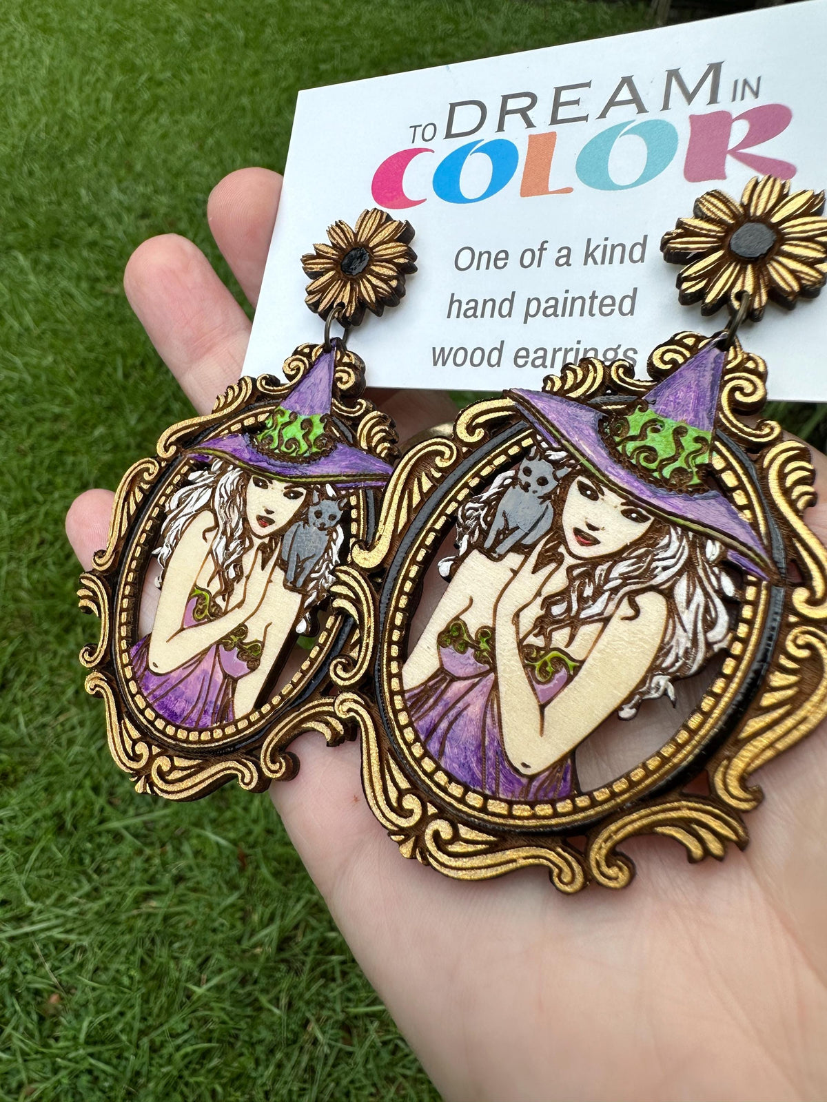 Hand-Painted Witch Earrings – Gothic Wood Statement Jewelry with Cat Familiar