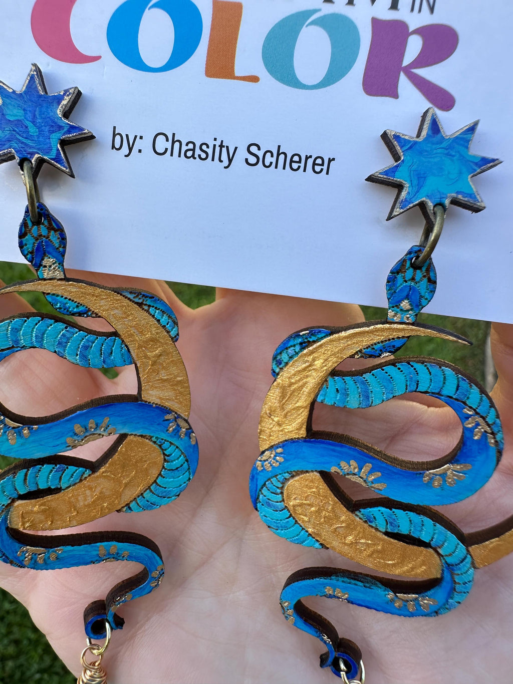 Hand-Painted Celestial Snake Statement Earrings
